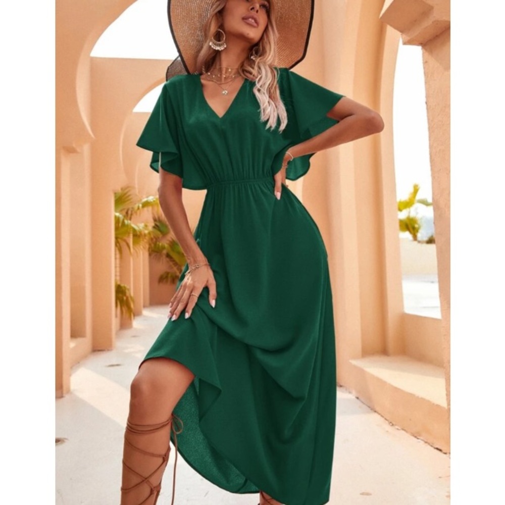 Boho v neck butterfly sleeve A line dress green